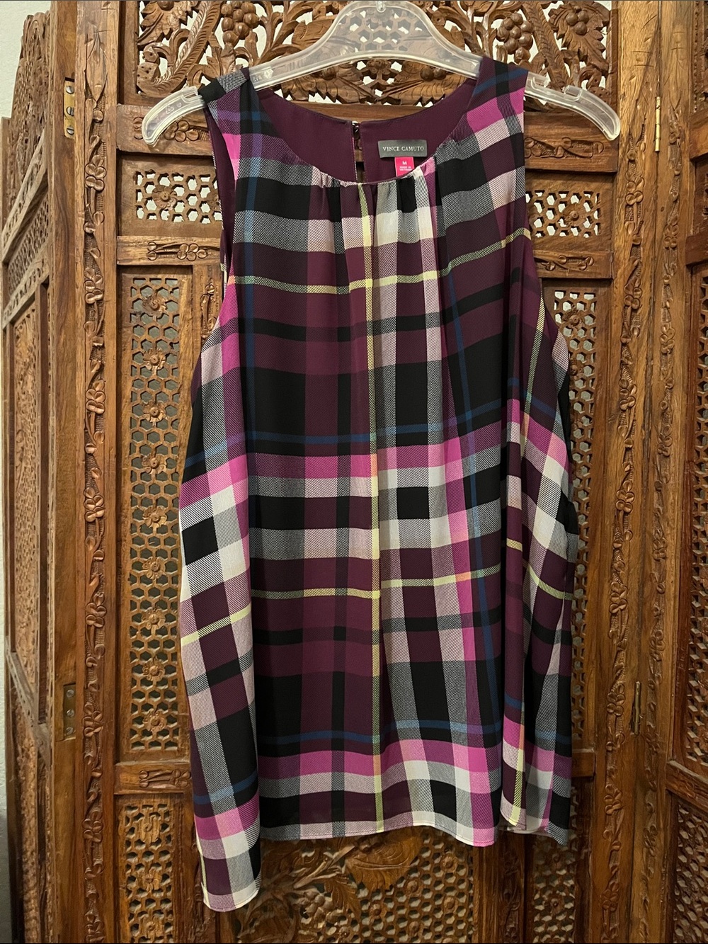 Vince Camuto Sleeveless Plaid Blouse in Purple and Black